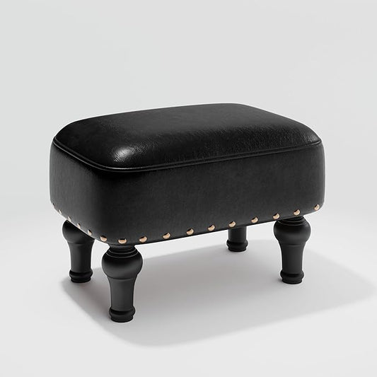 Ottoman Leather Foot Rest with Thicker Foam Padded Seat, Footstool with Wooden Legs (Black)
