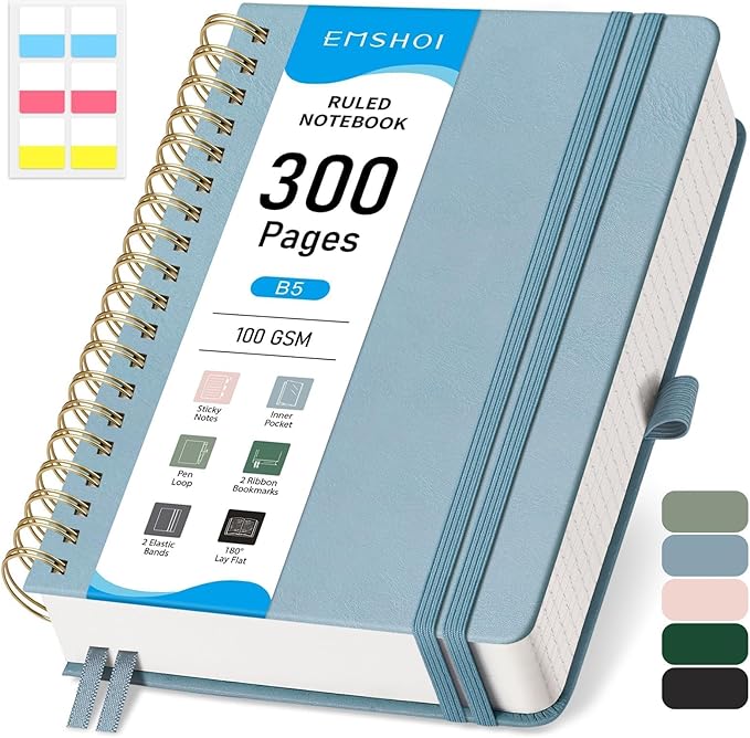 EMSHOI College Ruled Notebook, 300 Numbered Pages, B5 (7.48”x10.15”) PU Leather Hardcover, 100GSM Thick Paper – Perfect for Work, Writing, Journaling, Notes, Gray-Blue for Women & Men