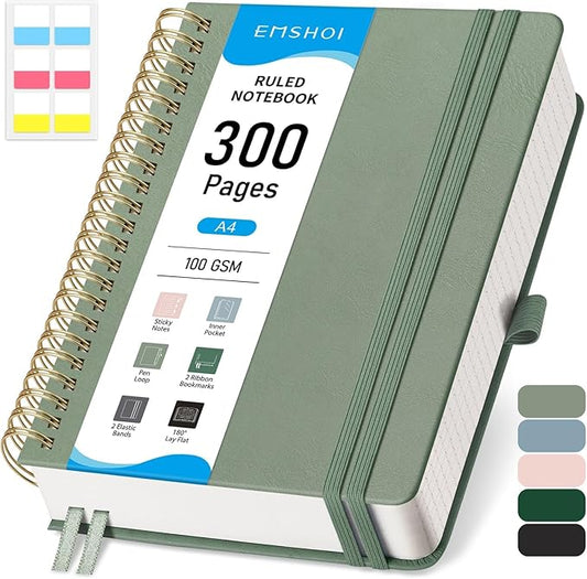 EMSHOI Spiral Notebook College Ruled, 300 Numbered Pages, A4 Large Hardcover Leather, 100 GSM Thick Lined Journal for Women Men Work Writing Journaling Note Taking, 8.27" x 11.2", Light Green
