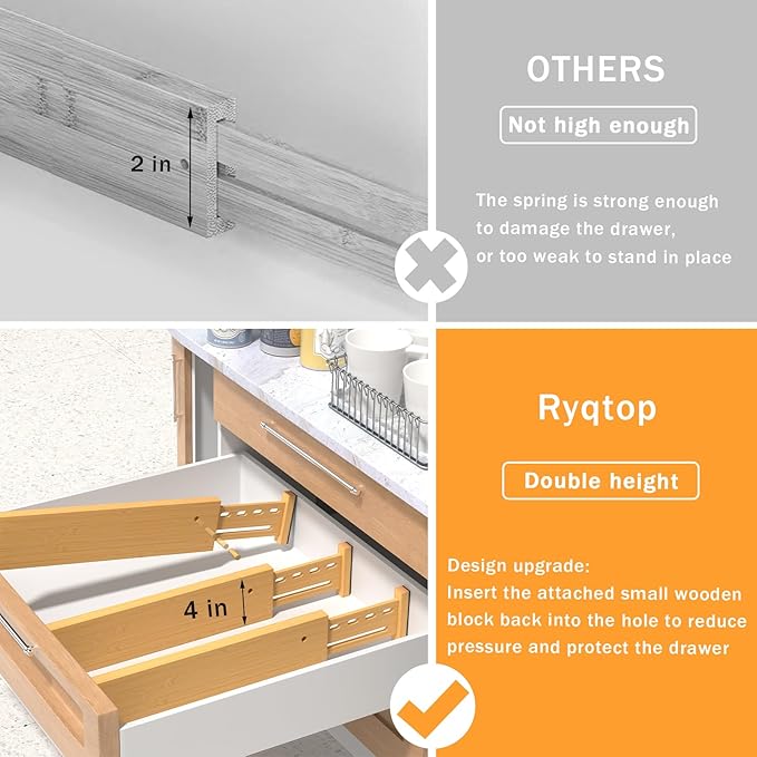 Bamboo Drawer Dividers 4" High, 12.8-18" Adjustable Drawer Organizers for Clothes,Expandable Dresser Separators in Bedroom/Kitchen/Bathroom/Office Organization and Storage,2 Pack