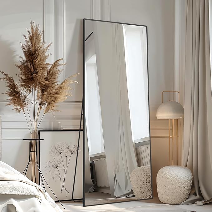 MELOMOIR 56"x18" Full Length Mirror, Floor Mirror Freestanding Hanging or Leaning, Full Body Mirror for Bedroom Living Room Entryway Gym, Aluminum Alloy Frame, Black
