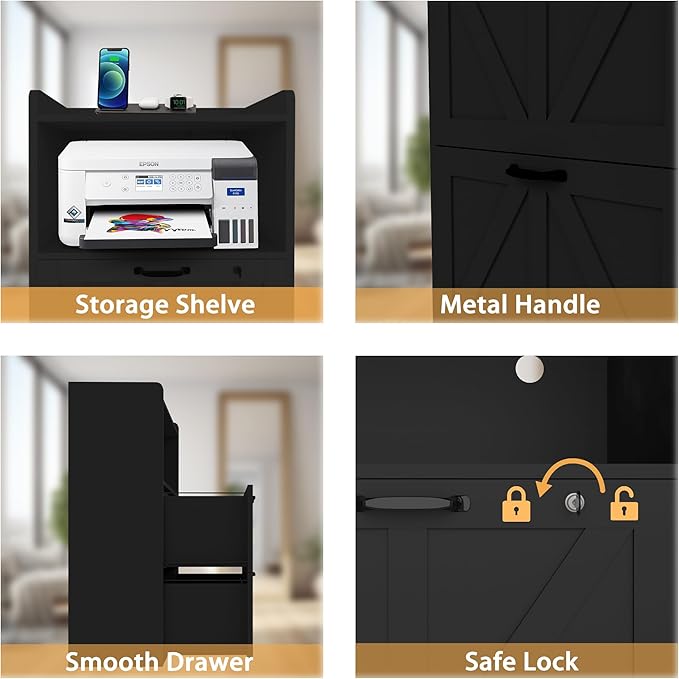 2 Drawer Lateral File Cabinet with Charging Station, Wood Filing Cabinet with Lock & LED Light, Large Storage Printer Stand for Home Office, Black