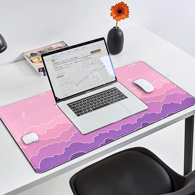 Kawaii Mouse Pad Desk Gaming Accessories Cute Clouds XXL Mouse Pad Pink Anime Office Decor Desk Mousepad Large, 31.5x15.7in Extended Keyboard Mousepad for Desk Girl with Stitched Edges Non-Slip