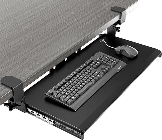 Keyboard Tray Under Desk Pull Out with Extra Sturdy C Clamp Mount System, 27.3 (32.5 inch Including Clamps) x 11 Inch Slide-Out Platform Computer Drawer for Typing Black AX01WB01