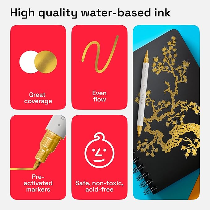 ARTISTRO 2 Gold Dual-Tip Acrylic Paint Pens - Multisurface Markers for Fabric, Plastic, & More, 1 mm Fine & Brush Tips