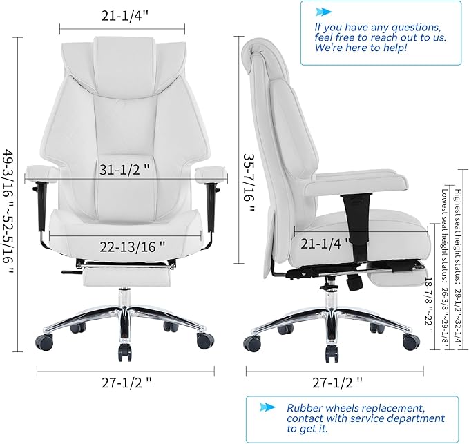 Big and Tall Office Chair with Footrest, PU Leather High Back Executive Office Chair 400lbs, Ergonomic Computer Chairs Lumbar Support for Heavy People (White)
