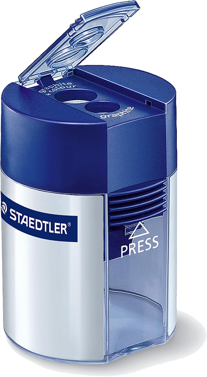 STAEDTLER Mars Lumograph Art Drawing Pencils (Graphite, 12 Pack in Metal Case) with Double Hole Pencil Sharpener