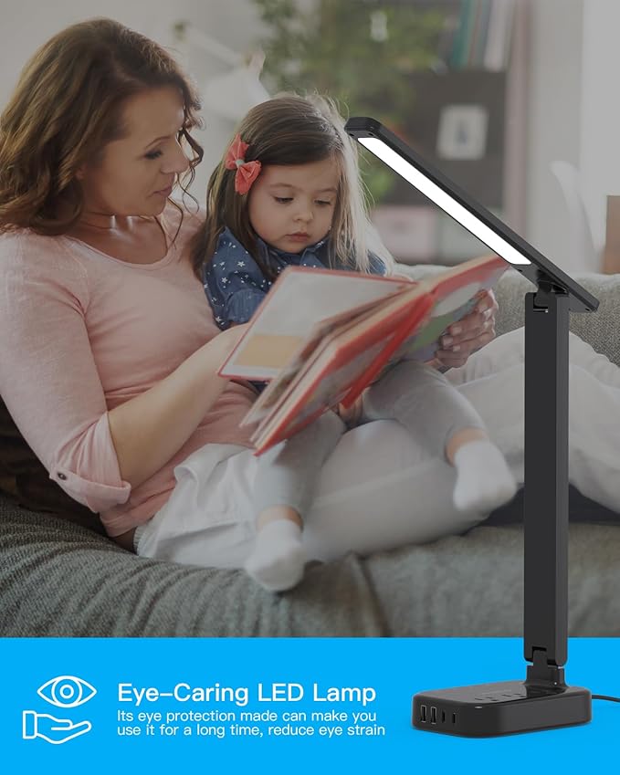 Power Strip with LED Desk Lamp, 3 Outlets 4 USB Ports(2 USBC) 4 Modes 5 Level Touch Lamp Small Desk Lamp for Home Office Bedroom Bedside, Study Reading Light, 5ft Extension Cord, Dorm Room Essentials