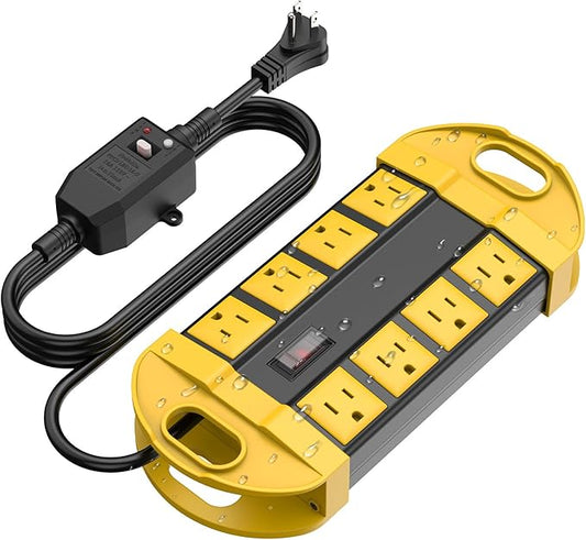 CCCEI GFCI Outdoor Power Strip Weatherproof with 8 AC, Waterproof Extension Cord with Multiple Outlets, Wall Mount Surge Protector Flat Plug, Christmas Exterior Garden, Yard, 6FT, Yellow.