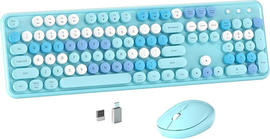 Colorful Wireless Computer Keyboard and Mouse Combo with Round Typewriter Keycaps, Retro Design, Power Switch, Ergonomic Design, 2.4GHz Wireless for Windows, Mac, PC (Blue-Colorful)