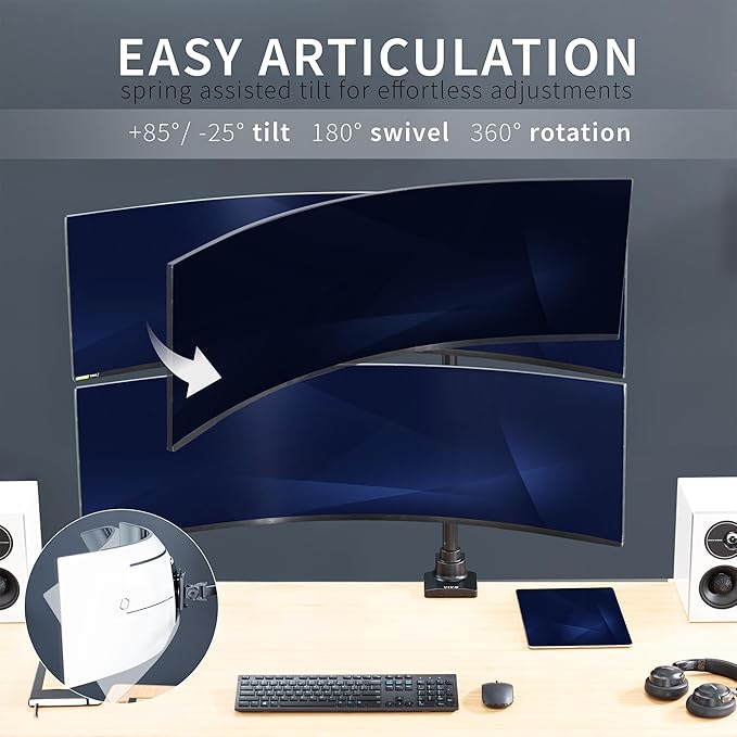 VIVO Dual Ultra-Wide Monitor Extra Tall Desk Mount for up to 49 inch Ultrawides, Clamp-on Adjustable Stand Holds 44 lbs per Screen, VESA up to 100x100mm, Black, STAND-V120T