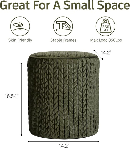 Modern Round Ottoman, Braided-Tufted Foot Stool Ottoman, Velvet Upholstered Vanity Stool for Makeup, Bedroom, Living Room, Dark Green