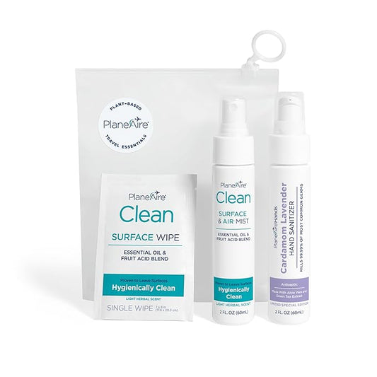 Travel Essentials | Hygiene Kit | Travel Toiletry Kit | Travel Size | Lotion Hand Sanitizer Cardamom Lavender Scent | Surface Wipes | Individual Travel Wipes | Surface Cleaner | With Essential Oils