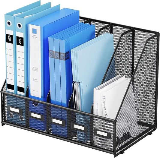 Marbrasse Desk File Organizer with 5 Vertical Compartments Mesh Magazine File Holder for Office, Home, School
