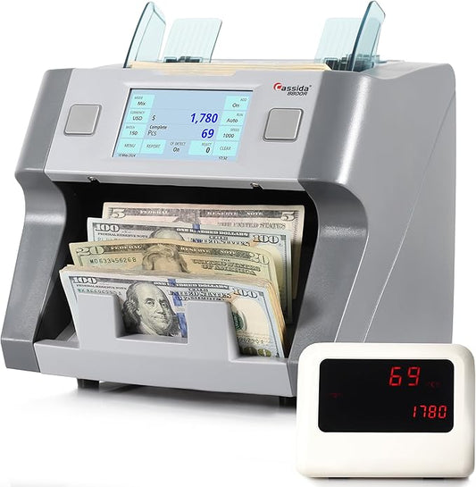 Cassida 8800R V2 USA Premium Bank-Grade Mixed Denomination Money Counter Machine, Advanced Counterfeit Detection, Multi-Currency, 3-Year Warranty, Includes External Display, Printing Enabled