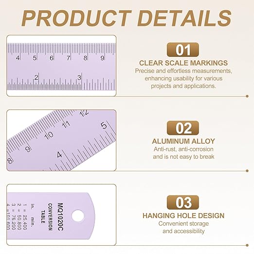 HARFINGTON 6pcs Metal Straight Ruler 20cm Metric SAE Aluminum Alloy Measuring Rulers Scale Tool with Hole for Measure Study Reading Classroom Office, Purple
