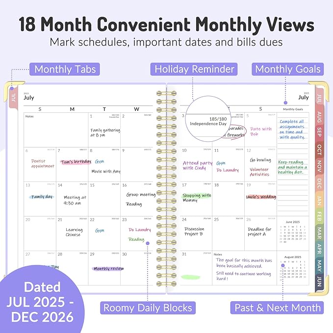 Jul 2025 - Dec 2026 Planner, Forvencer Academic Planner 2025-2026, 18 Month Daily Planner, 6" x 8", Weekly & Monthly Agenda Book, Hardcover Calendar Book, School Supplies for Student Teacher, Purple