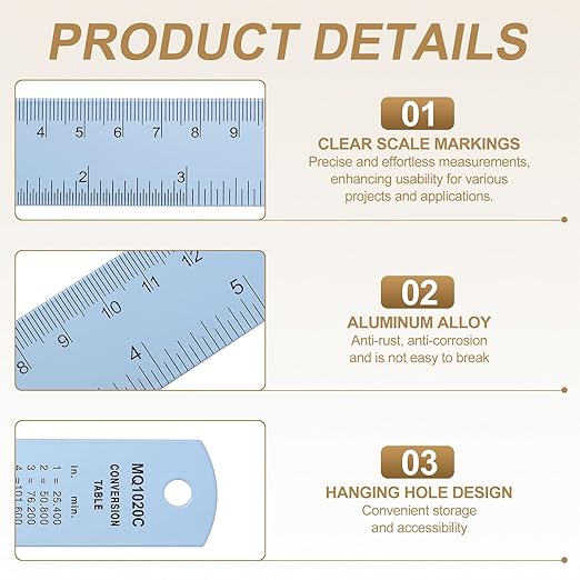 HARFINGTON 4pcs Metal Straight Ruler 15cm Metric SAE Aluminum Alloy Measuring Rulers Scale Tool with Hole for Measure Study Reading Classroom Office, Light Blue