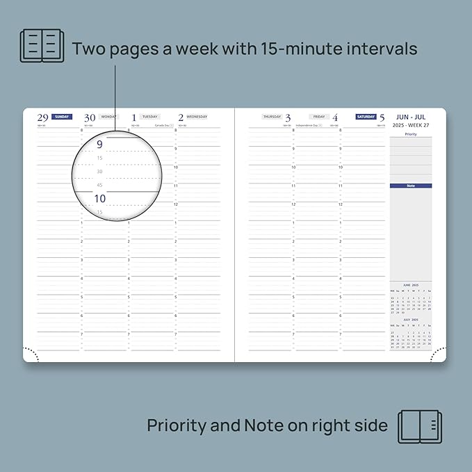 POPRUN Weekly Planner 2025-2026, 7.25'' x 8.5'', 15-Minute Hourly Appointment Book (July 2025-June 2026) with PU Leather Softcover, Monthly Tabs, Inner Pocket - Brown
