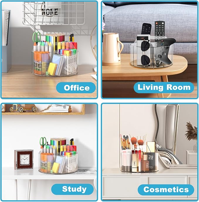 Acrylic Pen Holder for Desks, Acrylic Desk Organizer Clear, 360 Degree Pencil Holder for Desk Kids, Rotating Desk Organizer Rotating Pen Holder for Desk, Art Supply Storage Organizer 6 Compartments