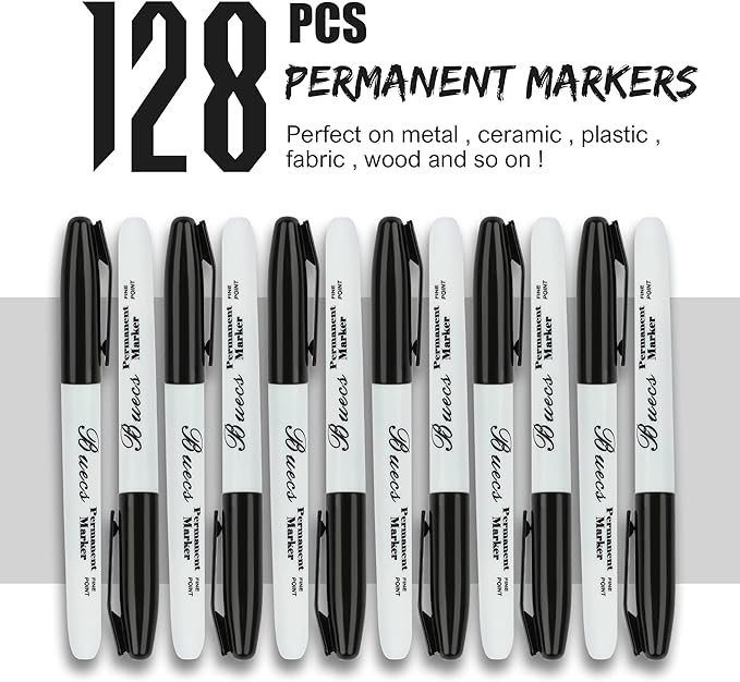 Permanent Markers, 128 Count Black Permanent Markers, Fine Point, Waterproof & Smear Proof Markers, Quick Drying, Office Supplies for School, Office, Home