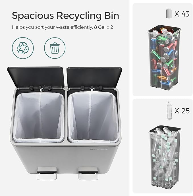 SONGMICS Trash Can, 2 x 8 Gallon (2 x 30 L) Garbage Can for Kitchen, with 15 Trash Bags, 2 Compartments, Plastic Inner Buckets and Hinged Lids, Airtight, Silver and Black ULTB60NL
