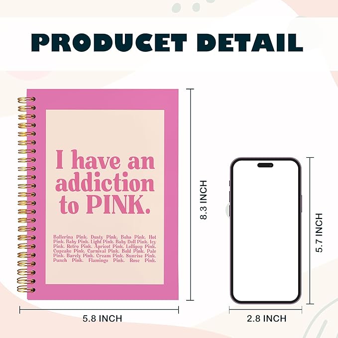 BearCake Preppy Pink Notebook, Pink Journal, Pink Office Supplies, Pink Aesthetic Notebooks, I Have an Addiction to Pink Hardcover Spiral Notebook 5.5x8.3, Pink Desk Accessories for Women Office