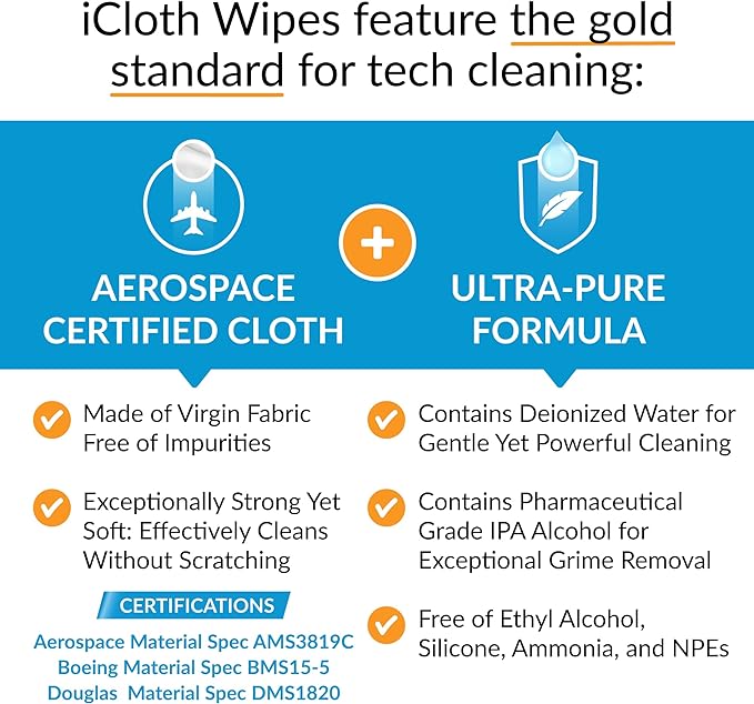 iCloth Large Screen Cleaning Wipes for Electronics, Lint-Free and Streak-Free, Fast-Drying, Removes Dust, Fingerprints, and Smudges (100 Wipes)