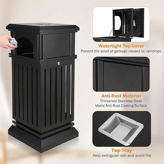 BEAMNOVA Trash Can Outdoor Top Tray Matte Black Stainless Steel Commercial Garbage Enclosure with Locking Lid Heavy Duty Industrial Yard Garage Waste Container, 35.5 * 15.8 * 15.8 in