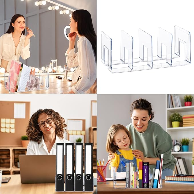 4Pack 4-Section Clear Acrylic Desk File Sorter, Desktop File organizer Purse Handbag divided organizer for Book, Envelopes, Mail, Document, Notebook, Office Supplies (13x5.9x5inch)