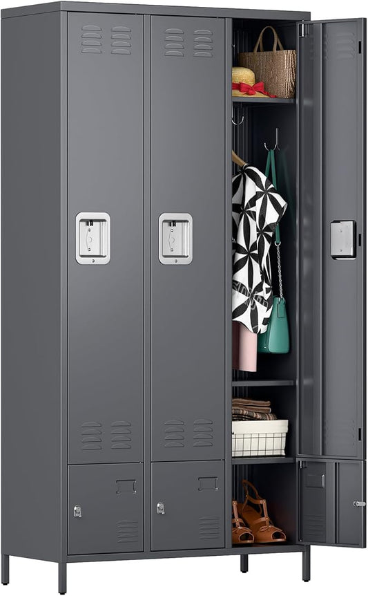 Metal Storage Locker with 3 Big Doors & 3 Small Doors, Lockers for Employees with Hooks for School Garage Office Gym Bedroom,Assembly Required,Dark Grey
