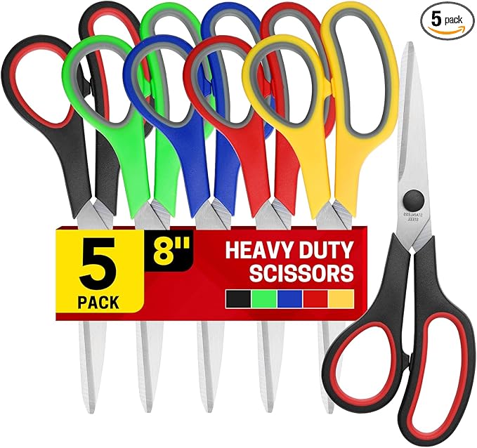 5-Pack, 8" Scissors All Purpose Comfort-Grip Handles Sharp Scissors for Office Home School Craft Sewing Fabric Supplies, High/Middle School Student Teacher Scissor, Right/Left Handed