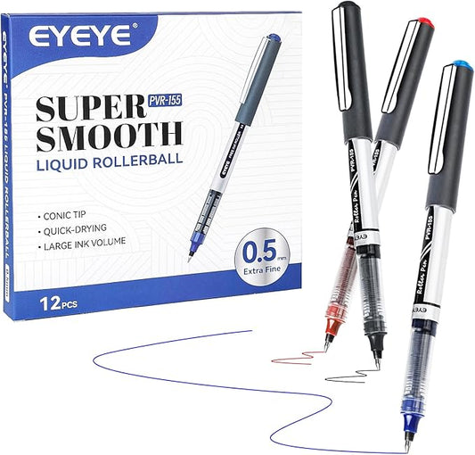 EYEYE 0.5mm Rollerball Pens 12 Pack 3 Colors, Extra Fine Point Roller Ball Pen Quick Dry, Liquid Ink Pens Fine Point Smooth Writing Pen for Journaling, Note Taking, Office, School Supplies