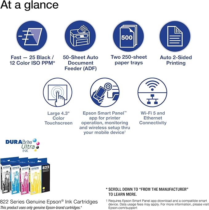 Epson Workforce Pro WF-4830 Wireless All-in-One Printer with Auto 2-Sided Print, Copy, Scan and Fax, 50-Page ADF, 500-sheet Paper Capacity, and 4.3" Color Touchscreen, Works with Alexa, Black, Large
