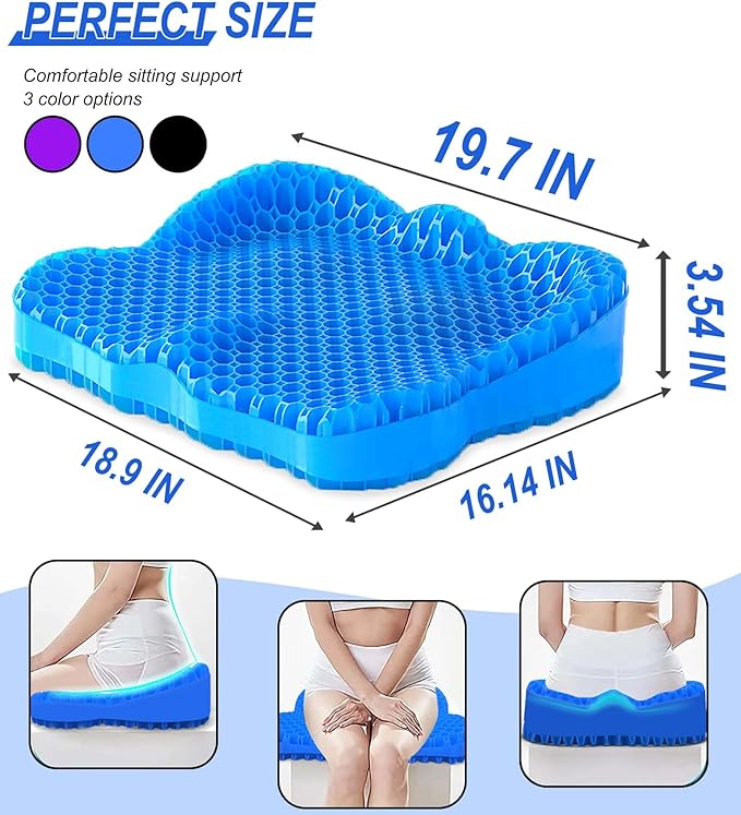 Thicken 19.7in Seat Cushion, Gel Seat Cushion for Long Sitting–Office Chair, Wheelchair, Car Pad, Large Cooling Support Pad for Back Pain, Sciatica, Tailbone Pain Relief