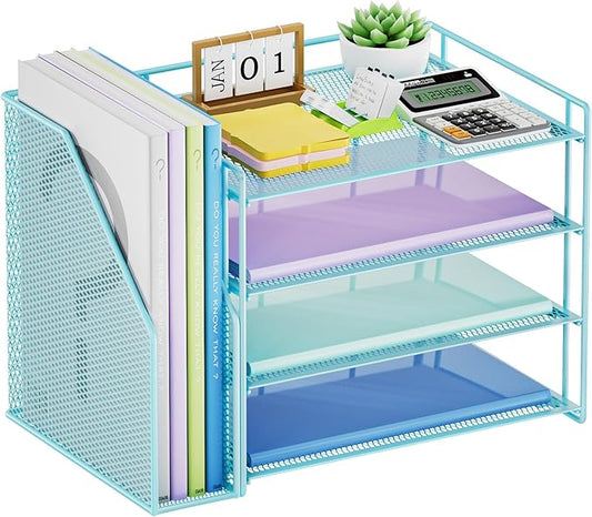 Marbrasse Desk Organizer and Accessories，4-Tier Paper Letter Tray Organizer with File Holder，Desk Accessories & Workspace Desktop Organizers for School Home Office Supplies (Blue)
