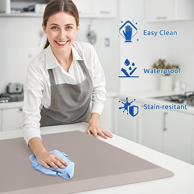 KitchenClouds 2PCS Kitchen Rugs Cushioned Anti-Fatigue Non-Slip Waterproof Kitchen Mat Comfort Foam Standing Mat for Floor Office Sink Laundry (Khaki)