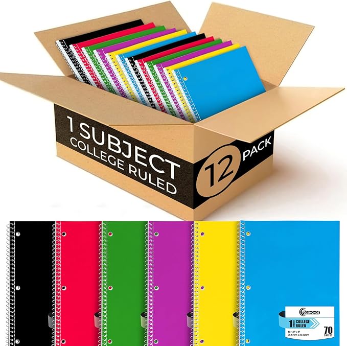 Spiral Notebook, 12 Pack, 1 Subject, College Ruled, 70 Sheets, 8 x 10-1/2", 3 Hole Punched, Bulk College Ruled Spiral Notebook for School, Single Subject Spiral Notebook Bulk, Assorted Colors