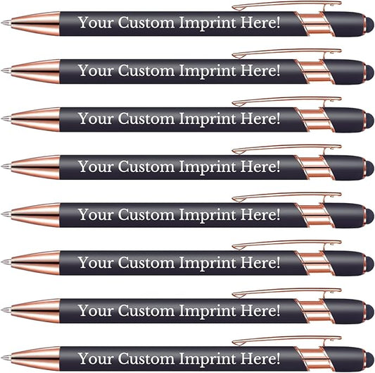 12-960 Custom Pens, personalized text and logo design, black ink, with touch pen tip, ideal for business, graduation gifts, and various events.