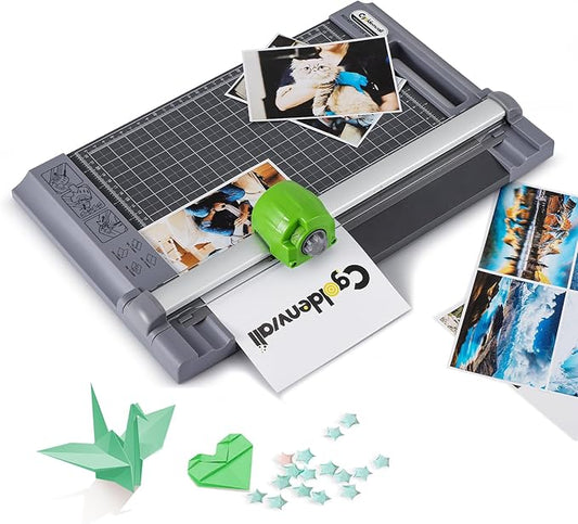 CGOLDENWALL 4-in-1 A4 Rotary Paper Cutter with 4 Blades, for Craft DIY, 12 Sheets, Straight/Perforated/Wavy/Creasing Line, 12.6" Cutting Length, for Photos Tickets Invitations Cards