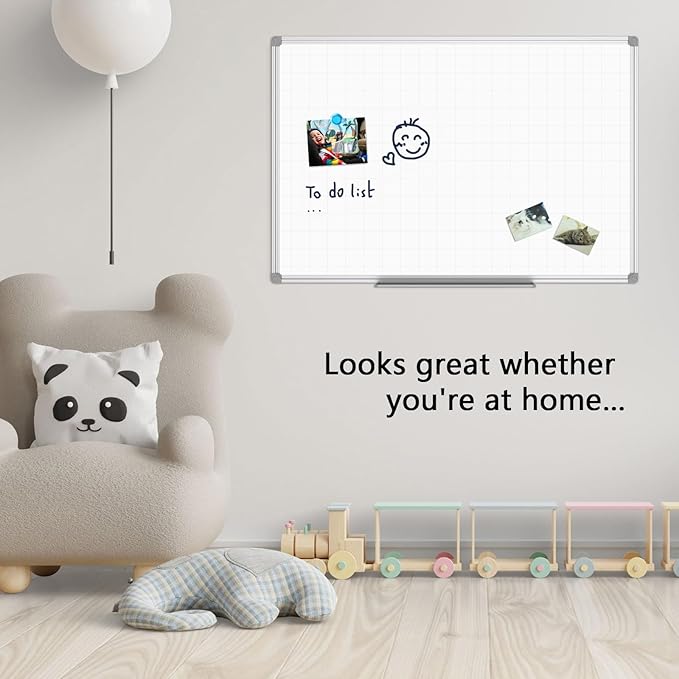 JILoffice Magnetic Dry Erase Planning Board, Grid Pattern White Board 36 x 24 Inch, Silver Aluminum Frame with Detachable Marker Tray for Office School and Home