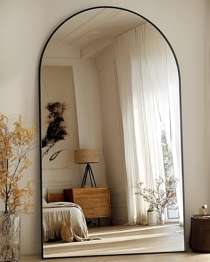 Full Length Mirror, 91"x46" Oversized Floor Mirror Freestanding, Full Body Mirror Floor Standing Mirrors with Stand, Hanging Mounted Mirrors for Bedroom Living Room, Black, Arched Style