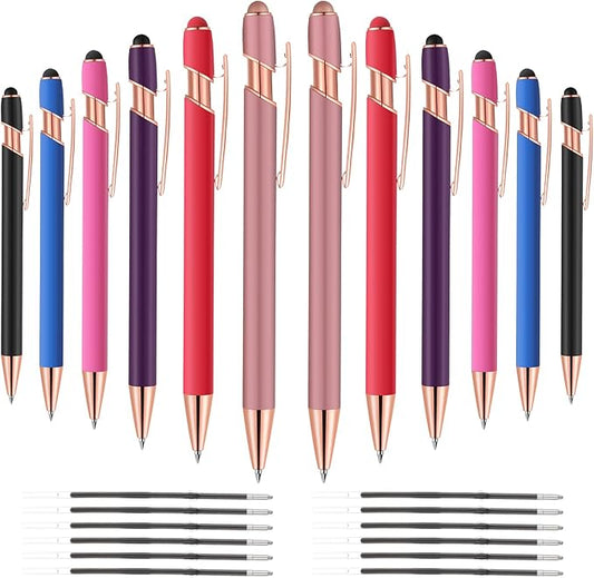 12 PCS 2 in 1 Stylus Ballpoint Pen with Stylus Tip, 1.0 mm Black Ink Metal Pen Stylus Pen for Touch Screens (Rose glod & 6 Colors)