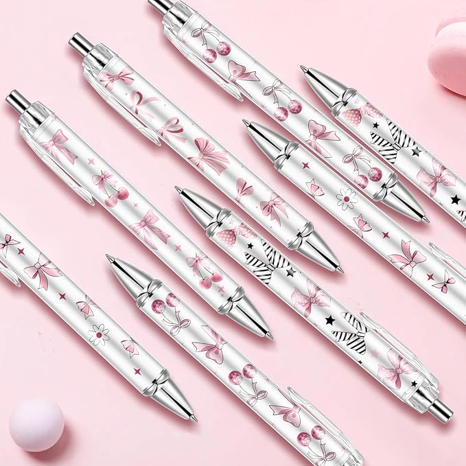 10Pcs Cute Pink Bow Pens Coquette Bow Ballpoint Pens Retractable Ballpoint Pens for Writing Journal Taking Notes School Office Home (Bow, 10)