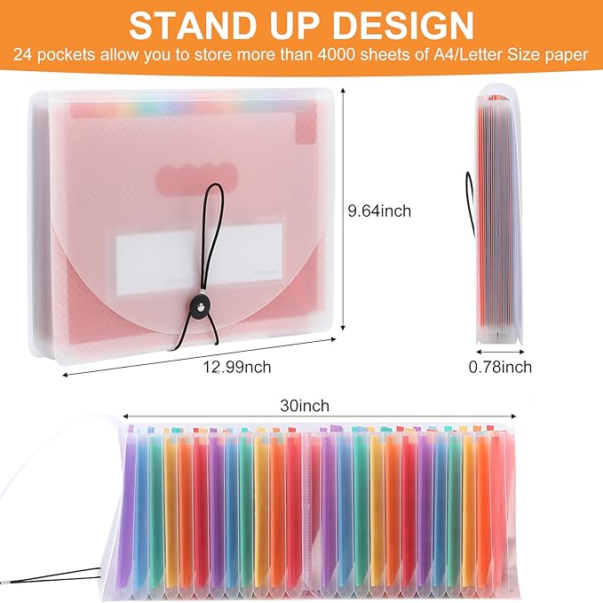 Accordion File Organizer, 24 Pockets Expanding File Folders, Portable Letter A4 Size Filing Box with Colored Labels and Expandable Cover, Monthly Bill Receipt Documents Organizer Pink
