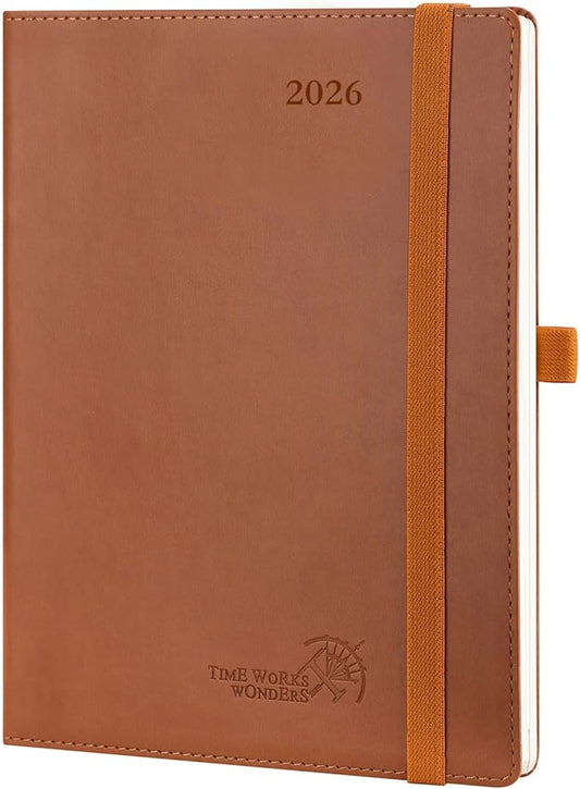 POPRUN 2026 Planner (Medium - 6.5'' x 8.5'') - 2026 Weekly Calendar ((Jan. 2026 - Dec. 2026) with Hourly Time Slots, Weekly/Monthly Appointment Book for Time Management - Leather Soft Cover - Brown