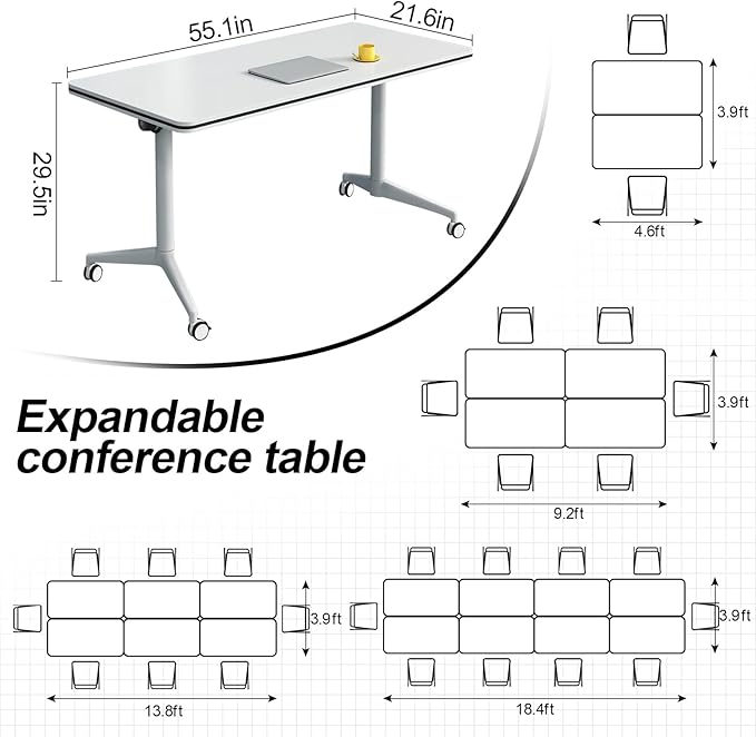 Folding Conference Table, Modern Large Conference Room Tables with Flip-Top Design, Foldable Conference Table Meeting Table with Wheels, Mobile Seminar Training Tables for Office Classroom (2, White)