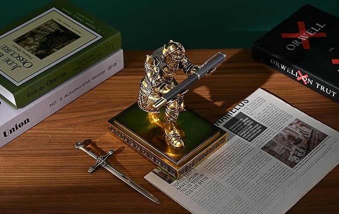 King's Guard Knight Pen Holder Pen Stand Desk Organizers and Accessories Resin Pencil Holder as Gift with a Metal Sword Letter Opener for Office and Home (Bronze(Plating))