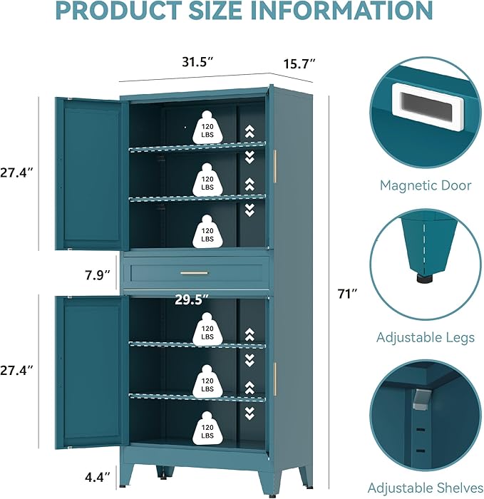 71" Tall Metal Storage Cabinet with Adjustable Shelves,Farmhouse Kitchen Pantry Cabinet with 2 Barn Doors and Drawer,Large Storage Cabinets for Dining Room,Bathroom,Living Room(Blue)