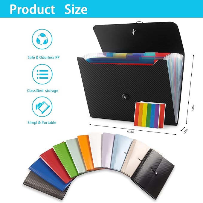 Expanding File Folder, 13 Pockets, Light Blue, Polypropylene for Work, School, Home, Office